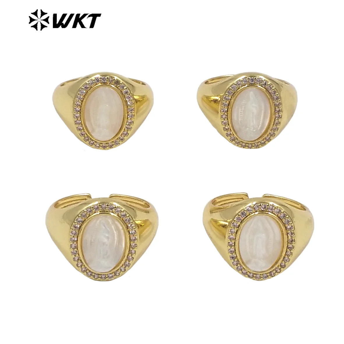 WT-MR020 WKT Charming Gold Plated Ring Virgin Mary Motif Oval Zircon Inlay Natural White Shell Girl Jewelry Party Accessories