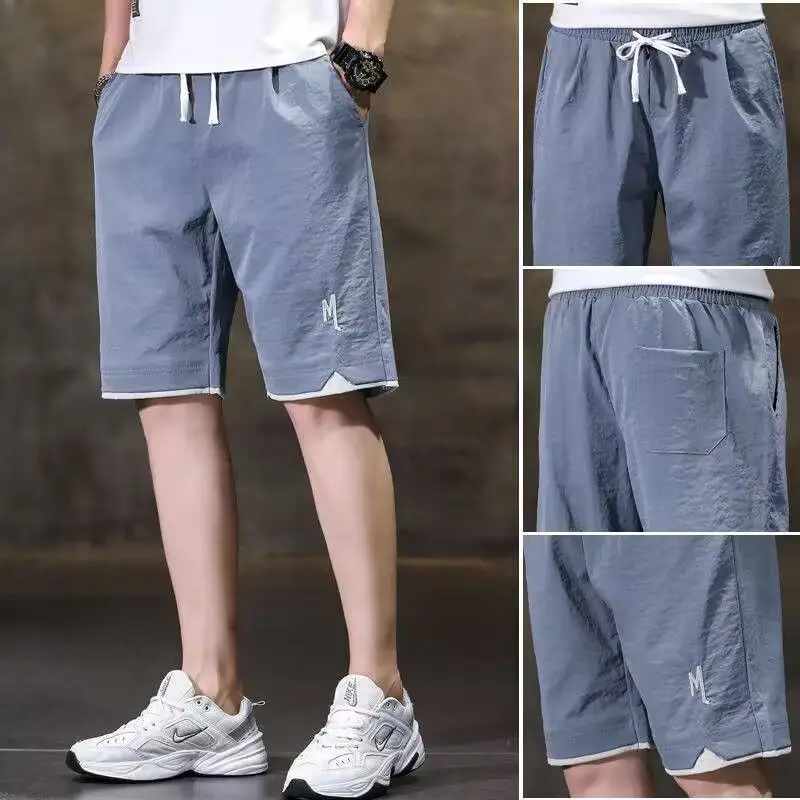 Casual Ice Silk Classic Pocket Shorts Men Wear Thin Loose Fashion Waist Drawstring Street Casual Summer Five Cent Short