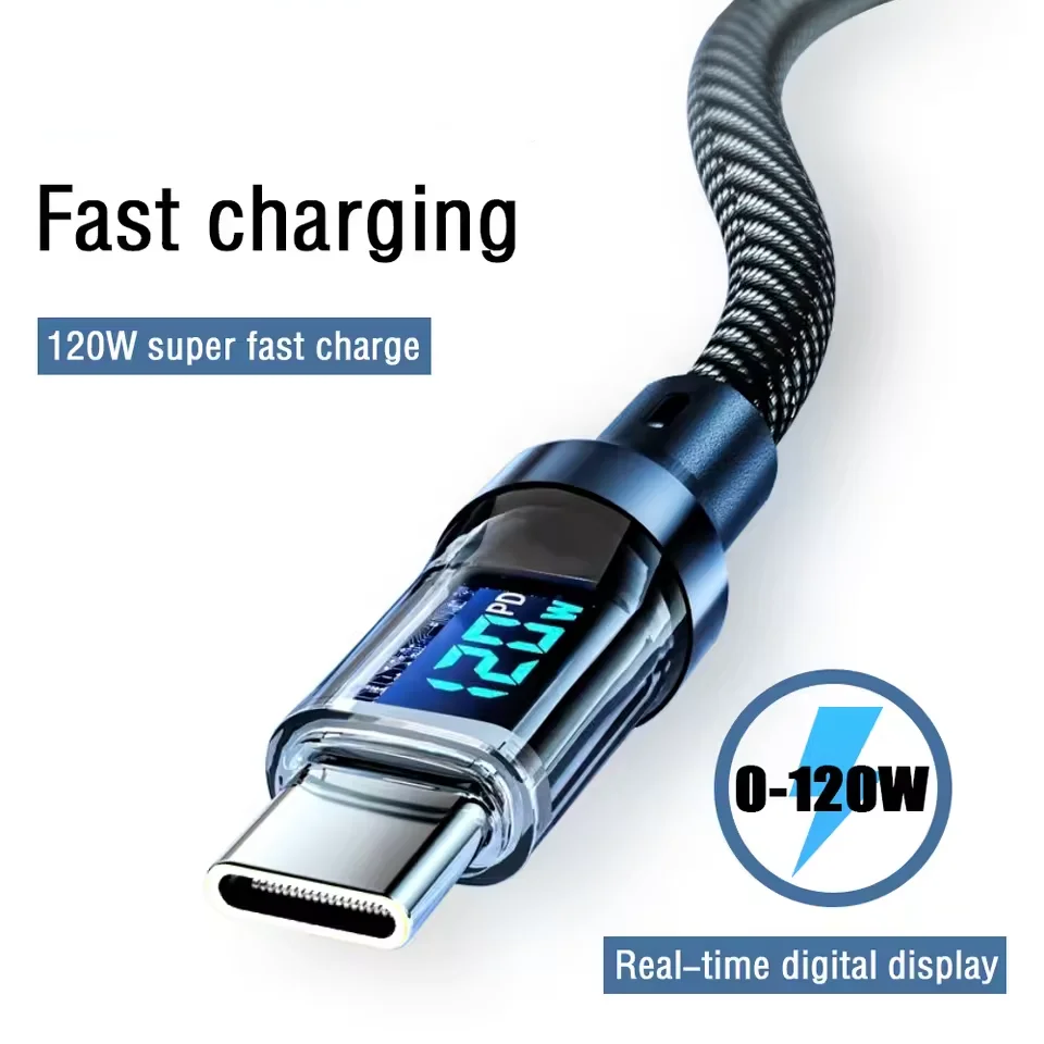 120W USB to Type C Data Cable LED Display 100W Dual USB C Fast Charging Data Cord 1/1.5/2M Portable PD Fast Charge Line For Home