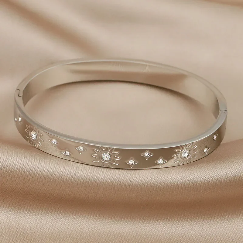 Classic Stainless Steel Metal Crystal Flower Bangles for Women Fashion Brand Jewelry Sun Bracelet Gift Accessories