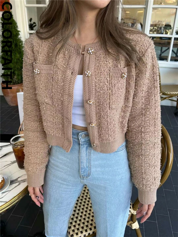 Colorfaith SWC5486JX New 2024 Chic Vintage Elegant Korean Fashion Wild Knitting Cardigans Women Spring Summer Sweaters Mini Tops