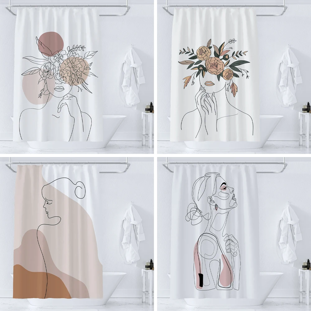 

Art Line Drawing Flower Wonmen Shower Curtain Waterproof Polyester Shower Curtain Room Decor Bathtub Curtain Textured With Hook