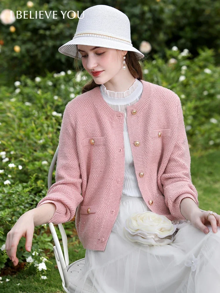 

I BELIEVE YOU Fall Clothes 2024 Women New Fashion Tweed Pink Shorts Knitted Jacket Casual Luxury Female Cardigan Coat 2241145739