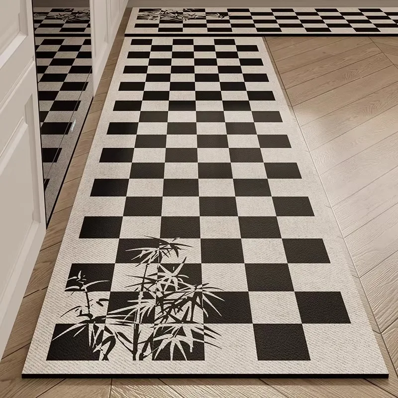 Mat for Kitchen Waterproof Non-slip Carpet Black and White Checkered Rug PVC Leather Oil-proof Stain-resistant Long Carpet 주방 카펫