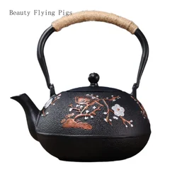 Retro nostalgic black particle cast iron teapot for home use, large capacity lifting beam teapot, uncoated pig iron teapot