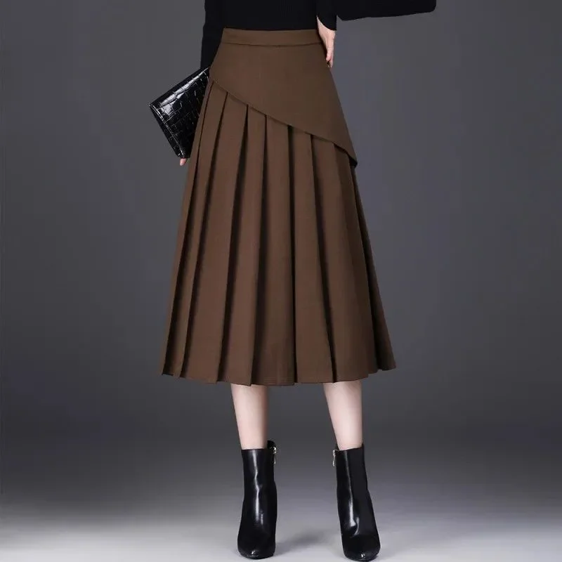 

Elegant Women's Pleated Midi Skirt With Asymmetrical Design For Office Wear In Autumn And Winter
