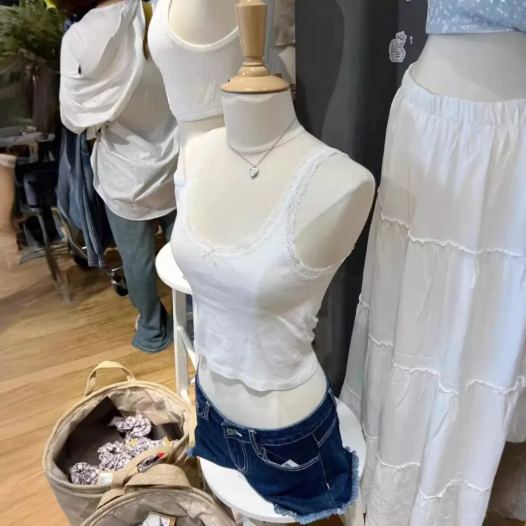 Lace Trim Bow White Tank Top Women Summer Sexy U Collar Sleeveless Slim Cropped Vest Sweet Cute Casual Chic Crop Tops Y2k Camis