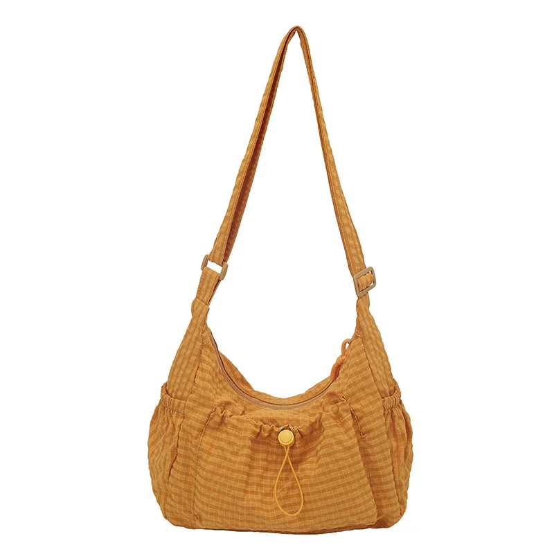 

Korean Nylon Shoulder Fashion Simple Plaid Zipper Tote Drawstring Pleated Cloud Bag New Commuter Crossbody Shoulder Bag