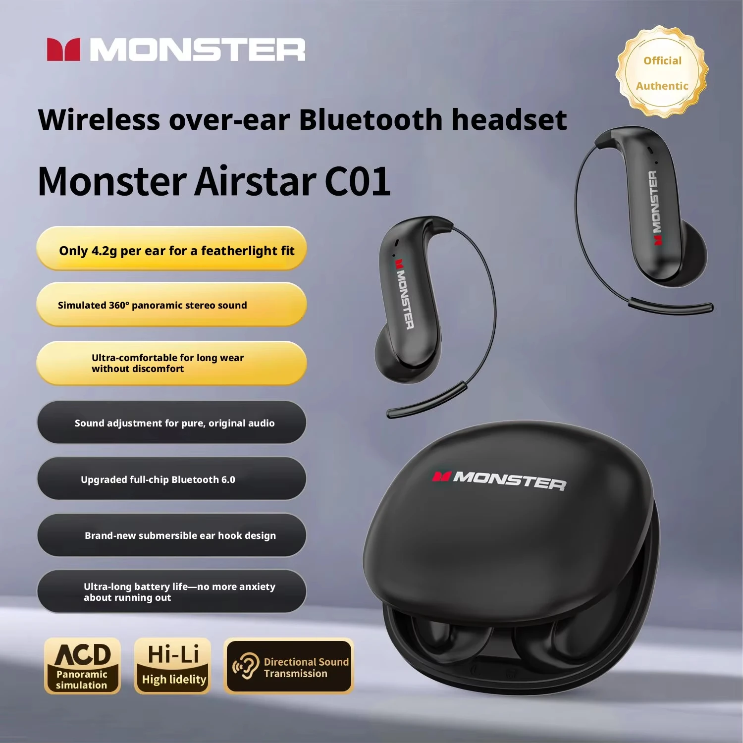 Monster C01 Bluetooth Earphones Wireless Over the Ear Heavy Bass New Translation Game Sports Noise Reduction Earphones