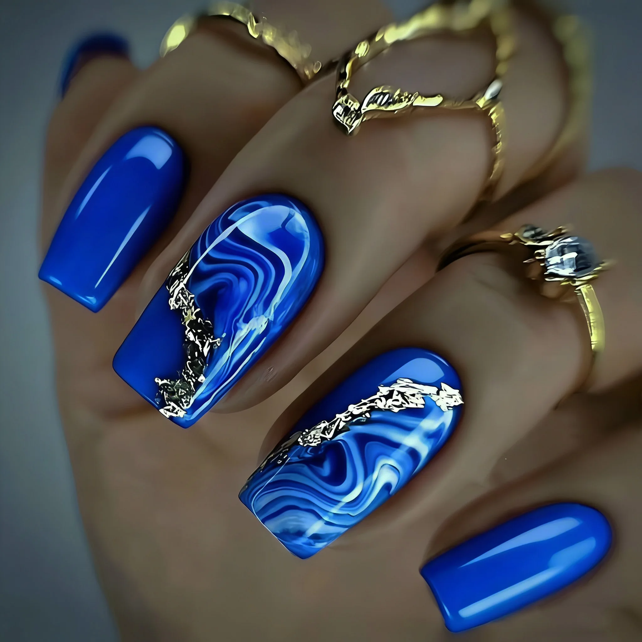 24pcs/set short Medium quare Glossy Ballerina Fake Nails jellyfish blue sea wave flowers geometric design press on false nails