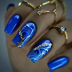 24pcs/set short Medium quare Glossy Ballerina Fake Nails jellyfish blue sea wave flowers geometric design press on false nails