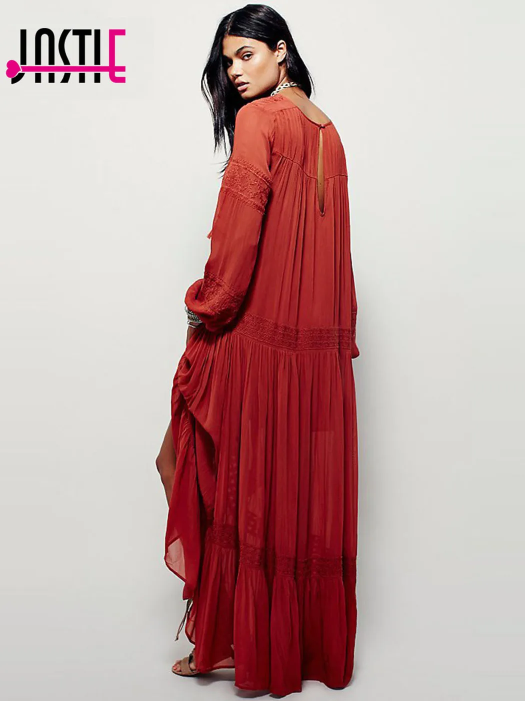 Kobiety Jastie sukienki eleganckie damskie Vintage z długim rękawem haftowane pomarańczowo-czerwona sukienka Maxi Vestidos feminino styl Boho 2023
