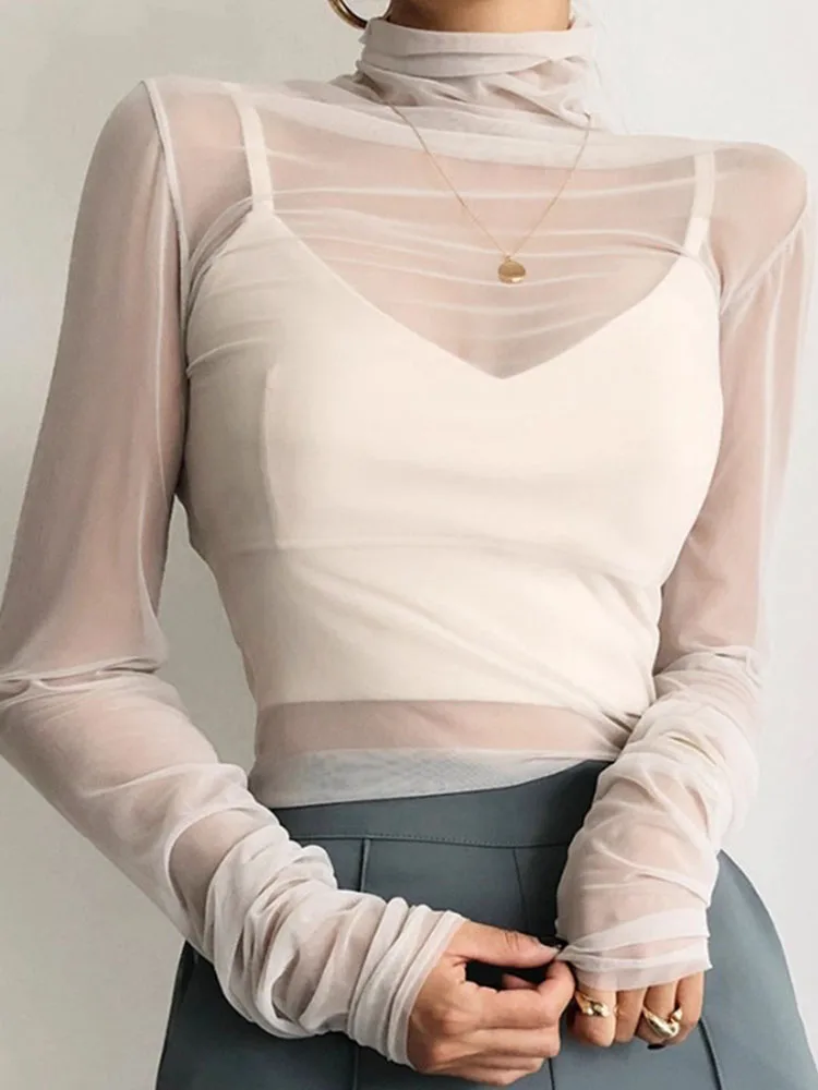 Lace under Shirt Women's Long Sleeve High Collar Thin Mesh Top Sweet Style Slim Fit Daily Wear Transparent Net Shirt