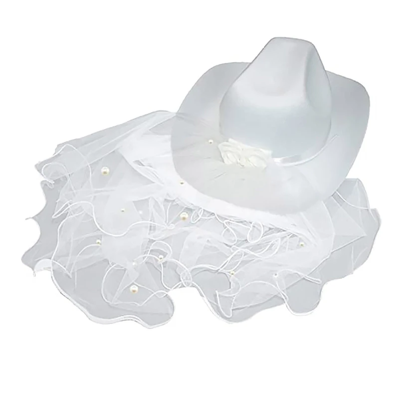 Frauen Braut Cowgirl Hut Breite Krempe Braut Western Stil Shinning Weiß Fedora Hut für Hochzeit Party Fotoshooting Liefert – Detail 7