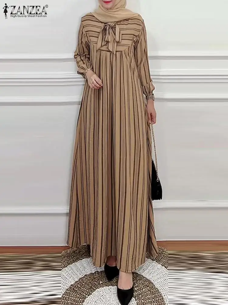 ZANZEA Lantern Sleeve Muslim Fashion Maxi Dress Women Striped Patchwork Bow Tie Neck Abaya Islamic Elegant Ruffled Long Robes