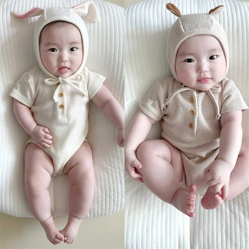 

Children's Clothing Summer Baby Bodysuit with Hat Cute Waffle Short Sleeve Solid Color Romper