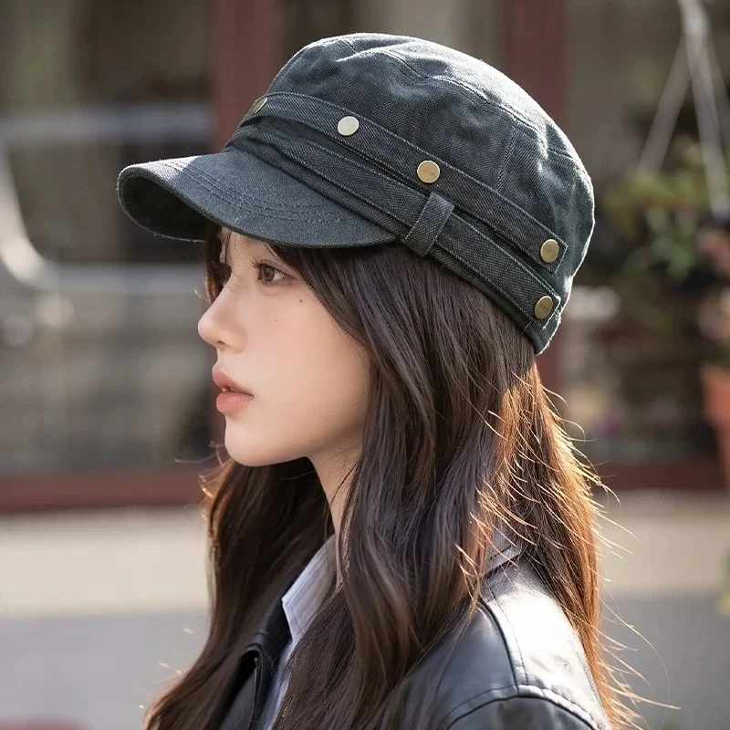 American Retro Distressed Studded Flat-Top Baseball Cap: Elegant, Casual, Versatile, Cross-Strap, Equestrian-Style