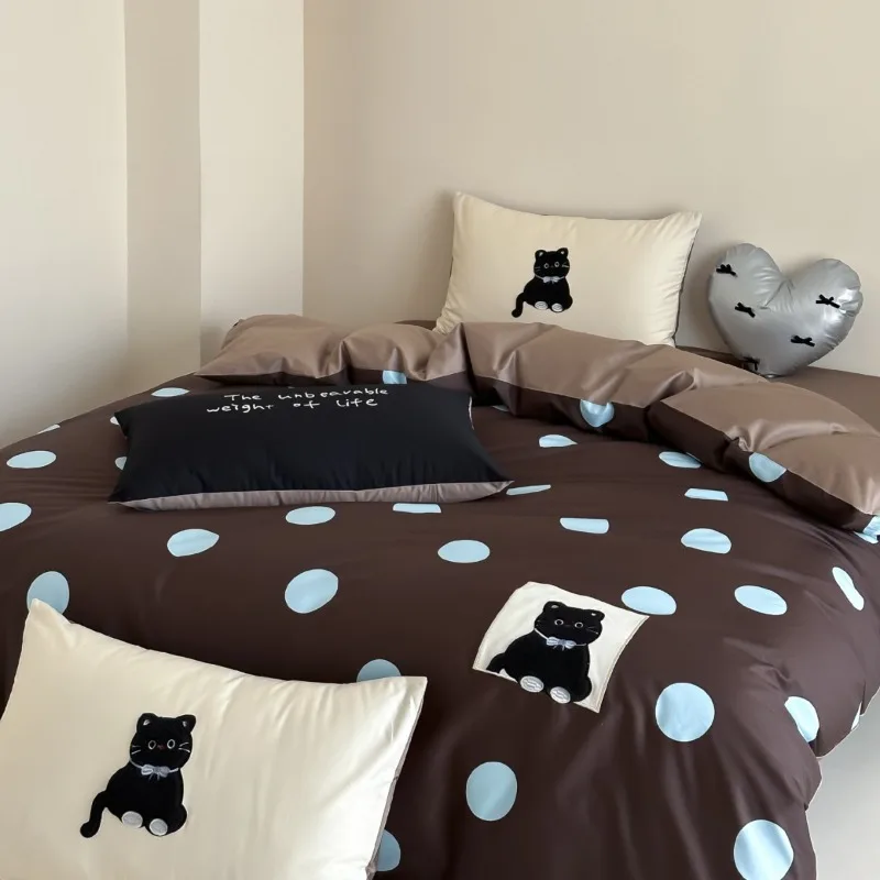100 Long-staple Cotton Four-piece Set Niche Ins Style Retro Cartoon Leopard Print Quilt Cover Bed Sheet Pillowcase Bedding Set