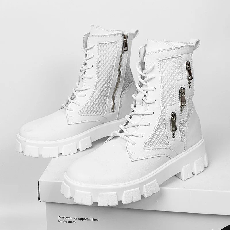

New White Men's Boots Fashion Tooling Men Shoes Thick Sole Men Black Ankle Boots Designer Platform Motorcycle Boots Man Footwear