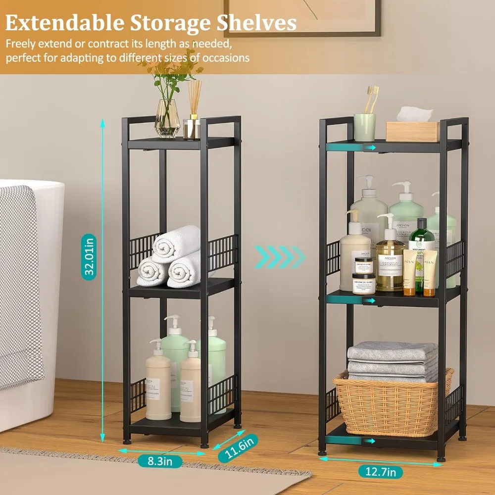 3-Tier Metal Shelving Unit, Expandable, Free-Standing, Narrow, Open Floor Shelves, Ideal for Bathroom, Kitchen, Laundry, Storage