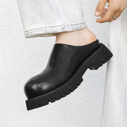 Round headed men's leather shoes Summer trendy slippers Outdoor leisure party walking thick soled height increasing men's shoes