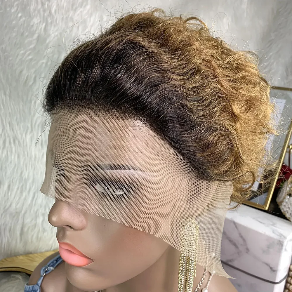 Pixie Cut Wig Human Hair Short Curly Human Hair Wigs for Black Women Pre Plucked Bleached Knots OT1B30 Color 13x1 Lace Front Wig