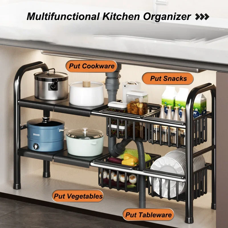 

Shelf Under The Sink Flexible Layered Rack Cabinet Organizer Sundries Telescopic Holder Countertop Storage Rack Under Sink Shelf