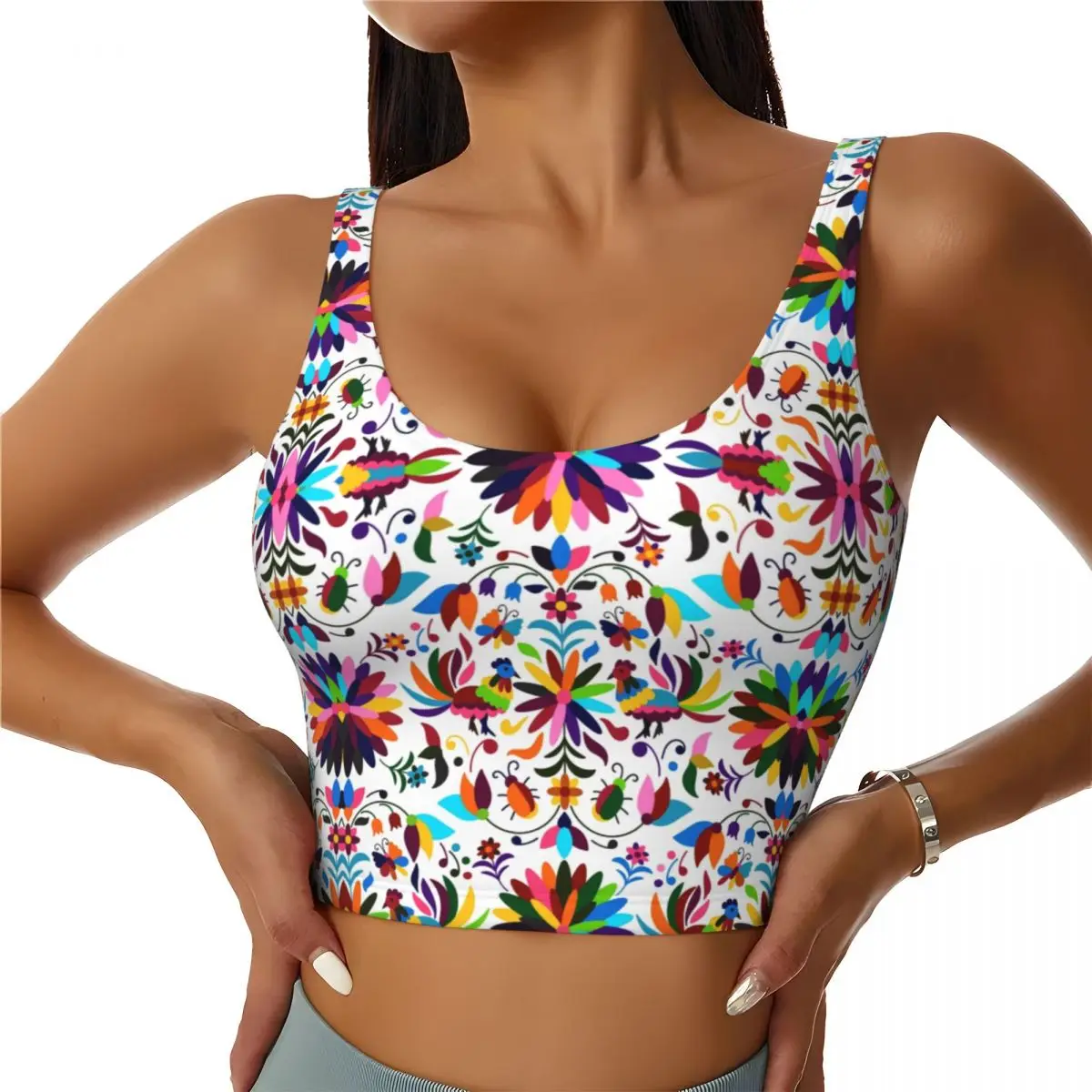 Custom High Impact Mexican Otomi Birds Floral Embroidery Sports Bra for Women Folk Flowers Art Gym Workout Yoga Crop Top