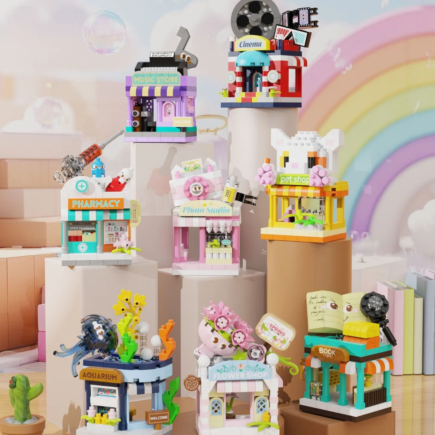 Micro bloc de diamant pour fleuriste, vue sur la rue créative, Studio Photo, boutique d'animaux, cinéma, Architecture, brique de construction, jouets Nanobrick