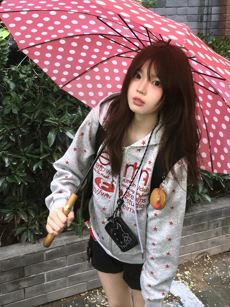 Suda con Capucha Bordada con Estampado de  Americana Retro, Cárdigan Hoado con Cremallera para Mujer, Prenda Ex...