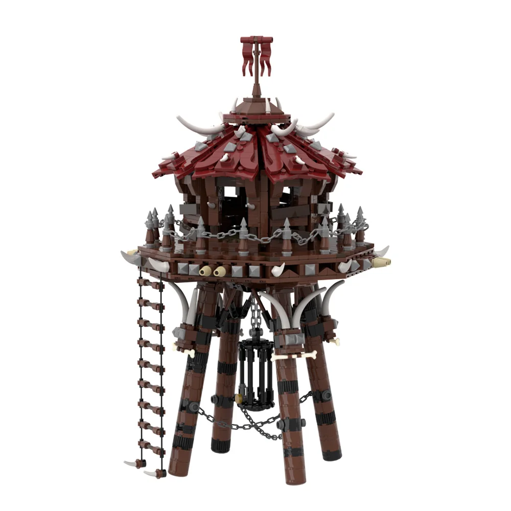 MOC Mittelalterlichen Ork Bogenschießen Turm Modell Bausteine Wachturm Verteidigung Turm Tribal Festung Architektur Ziegel Spielzeug Geschenk