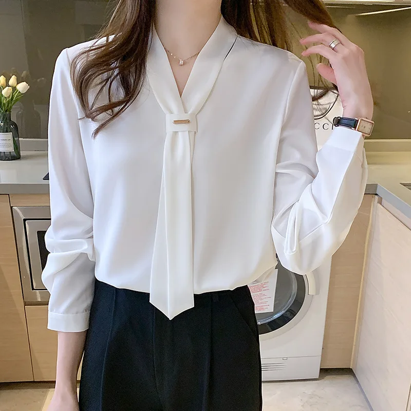 2023 Fashion Chiffon Blouse Women Tops Office Long Sleeve White Women Shirts With Tie V Neck Loose Female Clothing New 13022