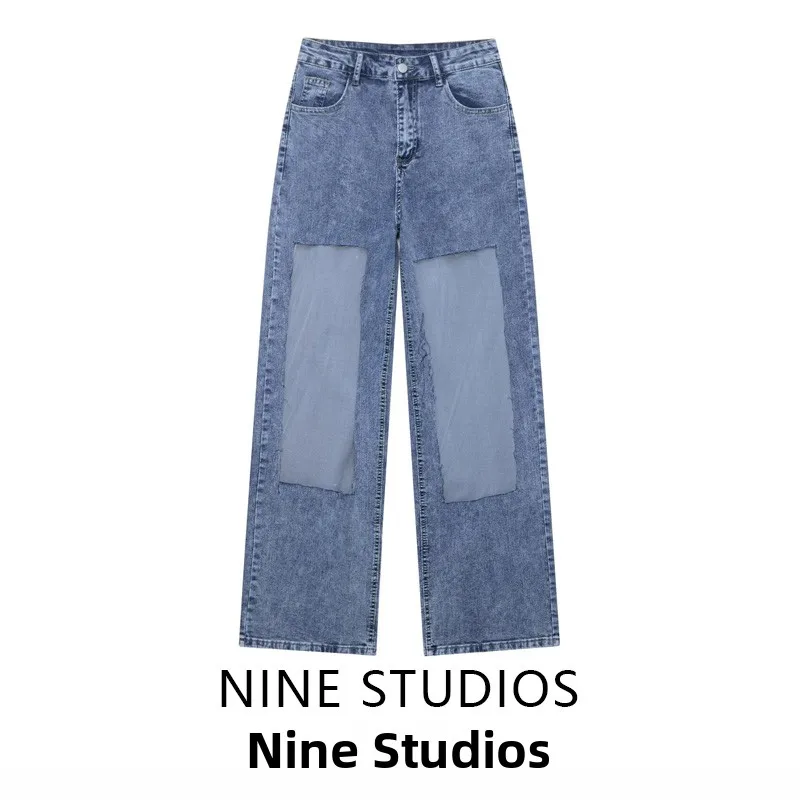 

High Waist Denim Jeans Casual Long Straight Leg Pants Me Splicing Women's Faion Autumn Season Loose Fit Wide Leg Pants