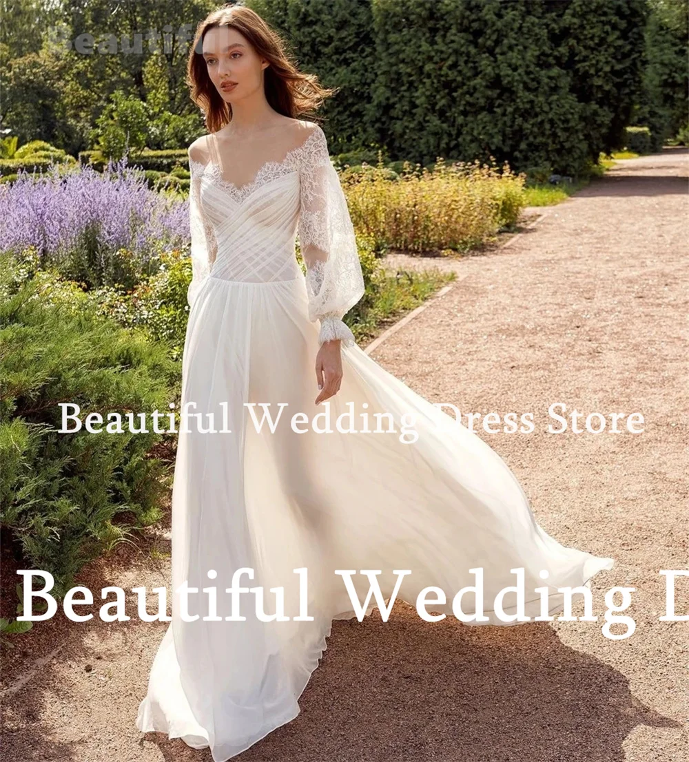 Beautiful Dress Custom Wedding Dress Sheer O-Neck Off-Shoulder Long Sleeve A-Line Chiffon Long Women Country Style Bridal Dress