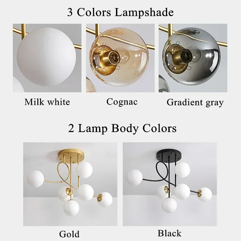 Imagem -05 - Sandyha-nordic Glass Ball Teto Lustre Luz Led Home Decor Sala de Estar Sala de Jantar Cozinha Quarto Preto Ouro