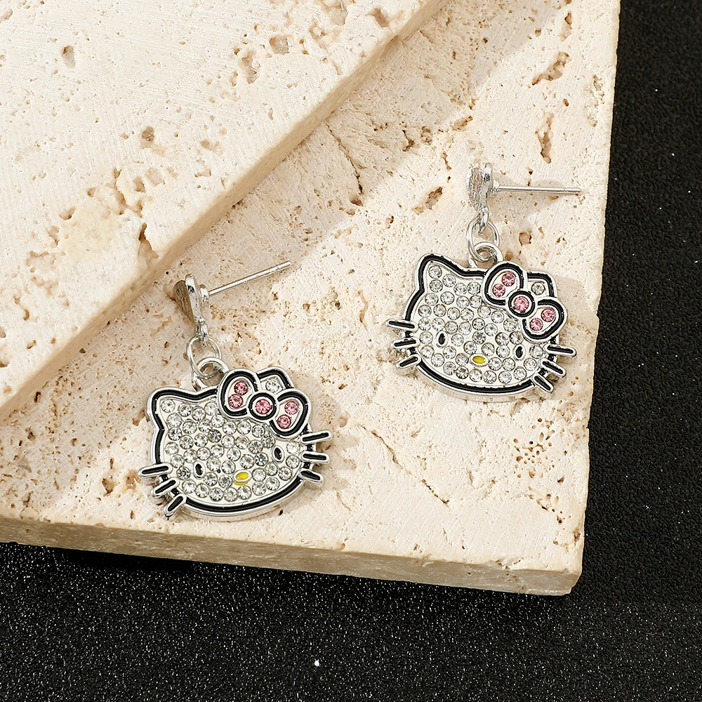 Cute Sanrio Hello Kitty Cartoon Earrings Y2K Sweet Spicy Girl Alloy Earrings Kawai Minimalist Fashion Diamond Jewelry Gift