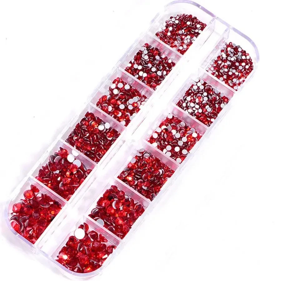 

1Box Glass red rhinestone mixed size nail art Deco Round sparkling diamond Strass Tip 3D with storage tissue