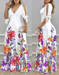 Elegant French Retro Party A Line Dresses 2023 Summer Ruffles Floral Print Split Sleeve Design Female Pearls Decor Maxi Dress