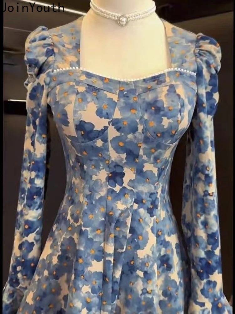 Temperamento Robe Femme abiti floreali donna 2024 Vestidos De Mujer manica svasata perline colletto quadrato tunica Vintage Maxi Dress