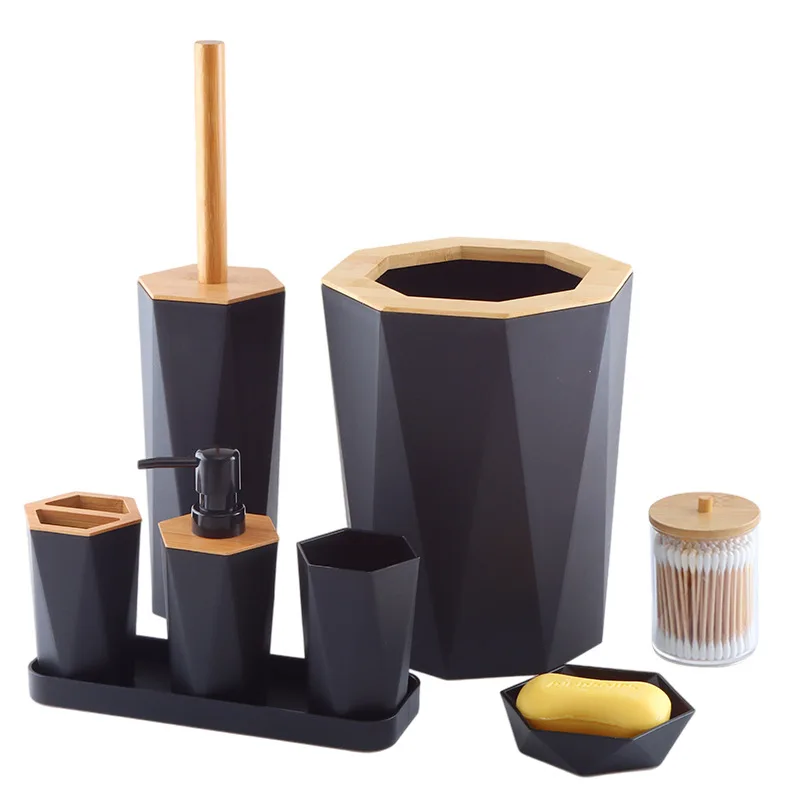 Hexagonal Plastic Bamboo Wood Bathroom Accessory Set, Home and Hotel Use, 8 Pieces, T227-8