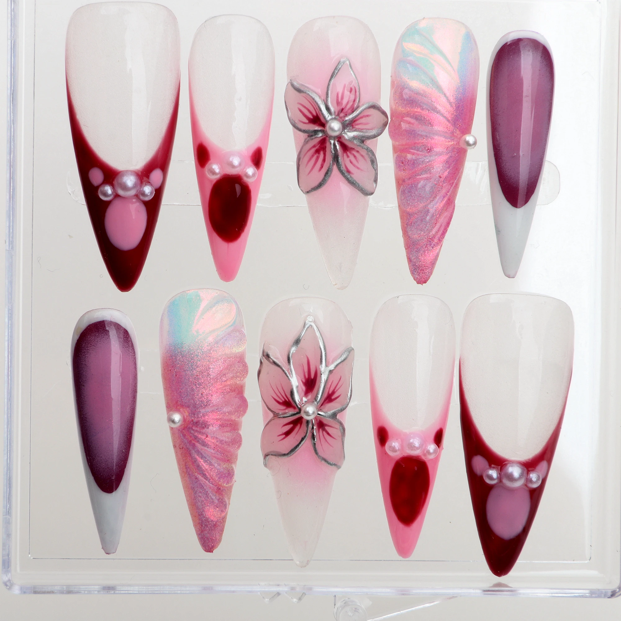 10Pcs Handmade Manicure Long Stiletto Fake Nails Unique 3D  beautiful Flowers Press On Nails Design with Adhesive Nail File Set