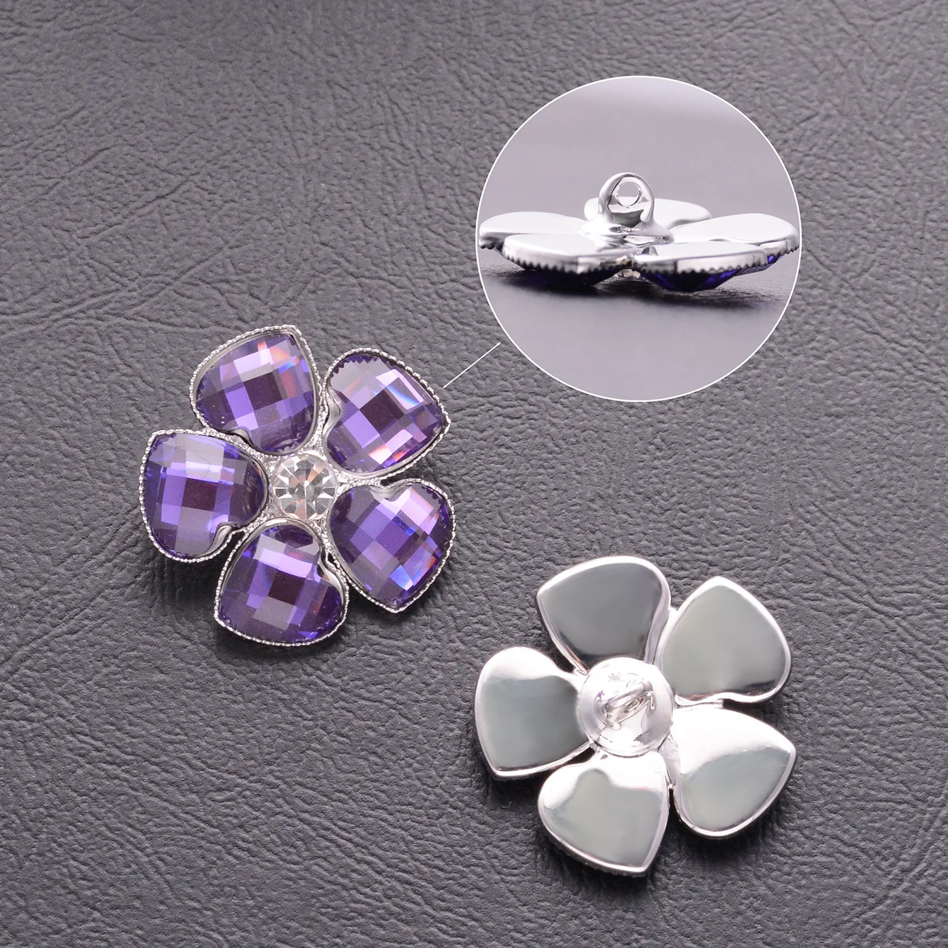 2/4/6pcs Elegant Purple Color Heart Crystal Petal Rhinestone Flower-Shape Metal Sewing Button DIY Clothing Jewelry Accessories