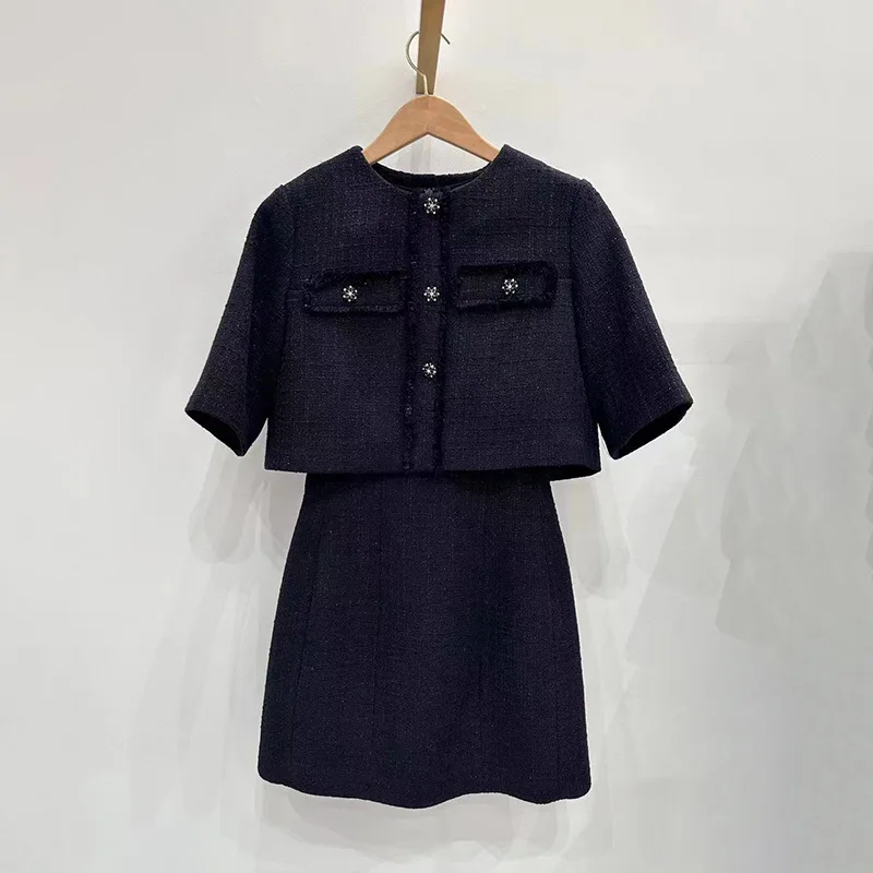 

【Gift Free】2026 Early Spring French Niche Rhinestone Button Tweed Short Sleeve Two-Piece Dress for Women