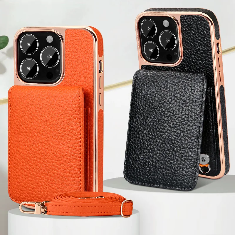 Vietao-Orange Leather Crossbody Phone Case, Flip Card Holder, Phone Case for iPhone 14, 13 Pro Max, 14Plus