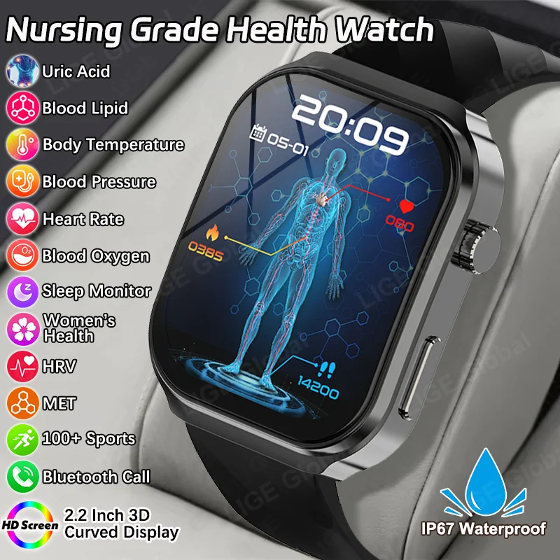 

LIGE New Blood Lipid Uric Acid Analysis Health Smart Watch For Men Women Blood Pressure Blood Oxygen Clock Call Smart Watch 2026