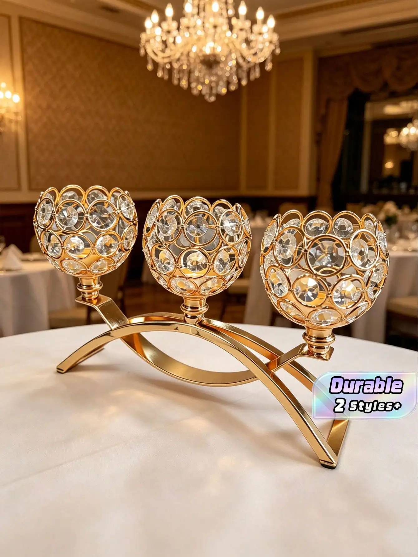 This Three-Headed Gold And Silver Crystal Candlestick Is Available In Two Sizes And Features A Luxurious Openwork Arched Wrought Iron Design, Inlaid With Rhinestones.