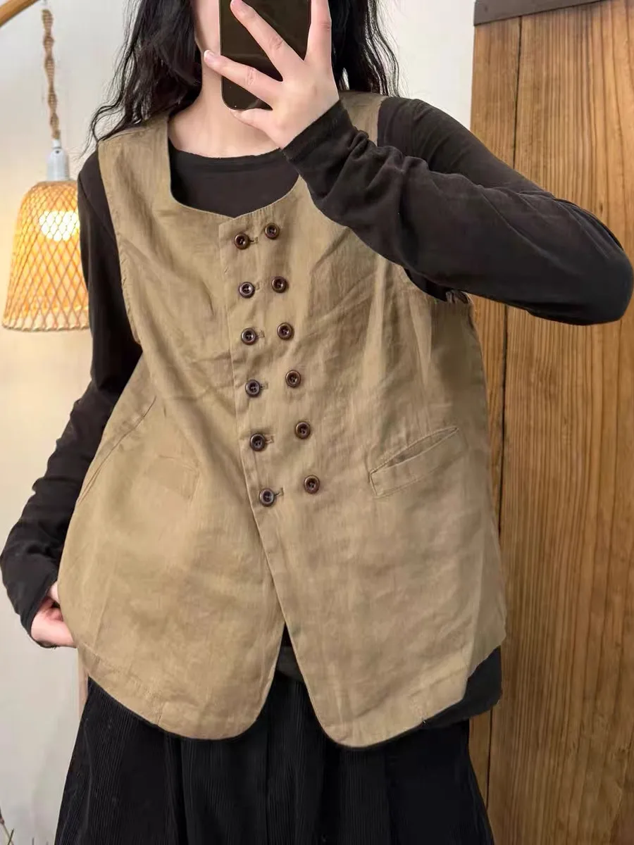 เสื้อกั๊กผ้าลินินทรงหลวมแบบมีสไตล์ ติดกระดุมสองแถว ดีไซน์ซ้อนชั้นลำลอง พร้อมแผ่นเสริมไหล่ สำหรับฤดูร้อน แฟชั่นไซส์พลัสสำหรับผู้หญิง