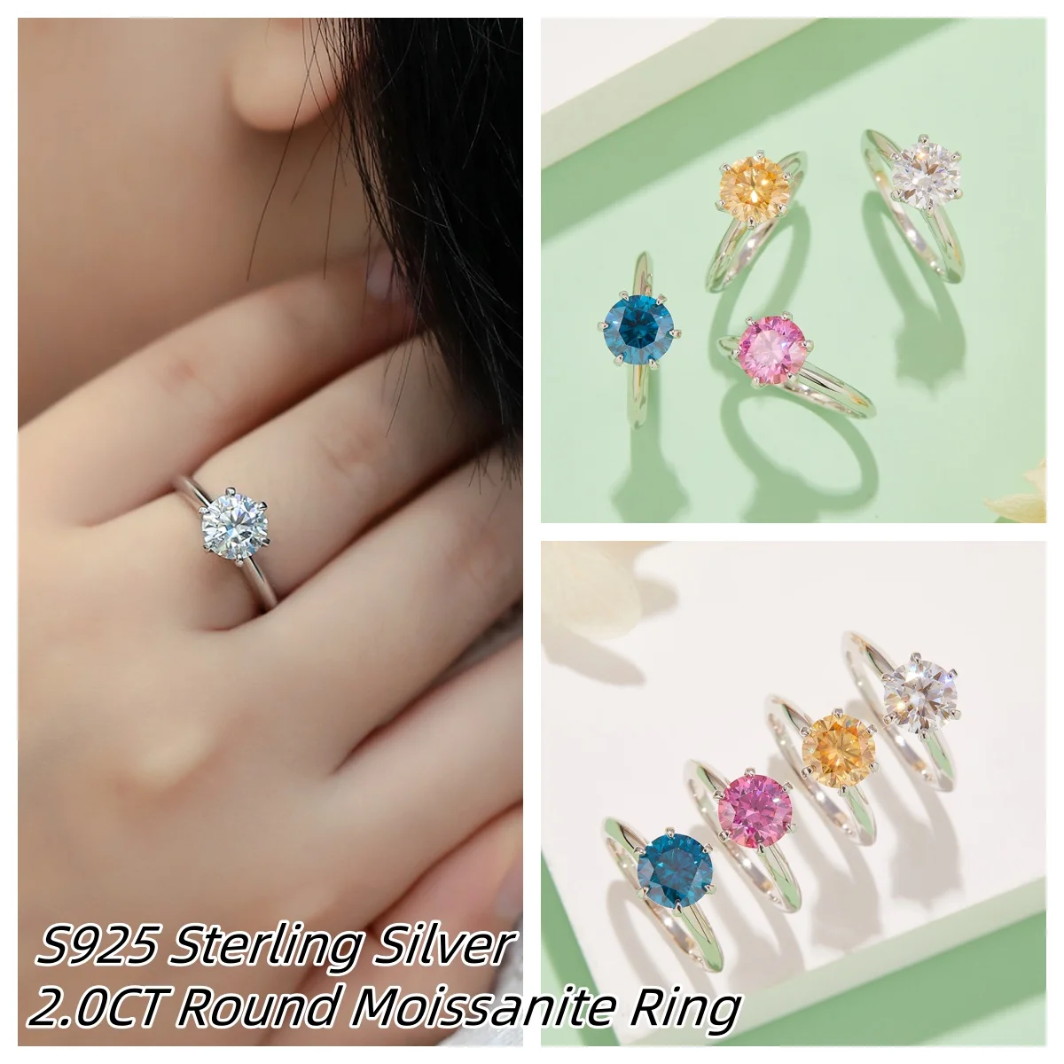 

S925 Sterling Silver 2.0CT Round Moissanite Ring Jewelry For Women Wedding