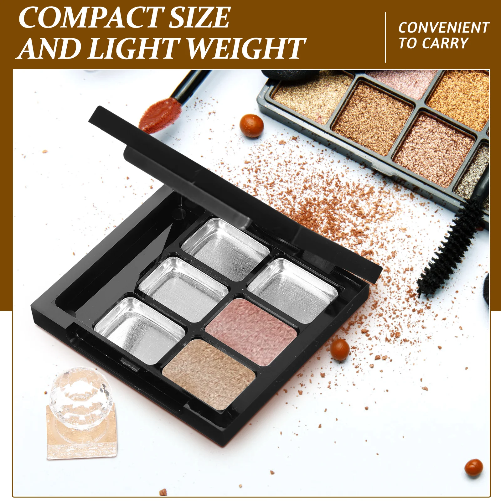 Leere Lidschatten-Palette, 6 Löcher, DIY-Make-up-Palette, nachfüllbar, Lippenstift-Etui, Reisegröße, Puderhalter, Spiegel, Pinselschlitz