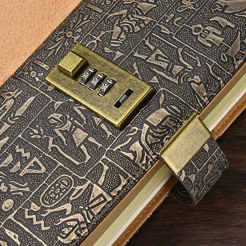 Vintage Password Notebook A6 A5 B5 Ancient Egyptian Leather Secret Diary with Lock Holiday Gift Travel Note Book Office Journals